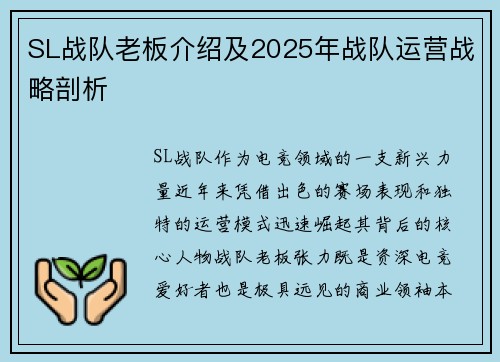 SL战队老板介绍及2025年战队运营战略剖析