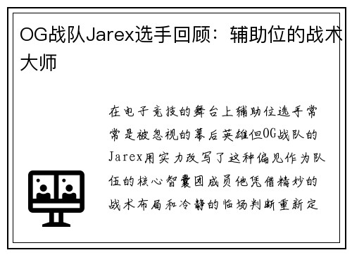 OG战队Jarex选手回顾：辅助位的战术大师