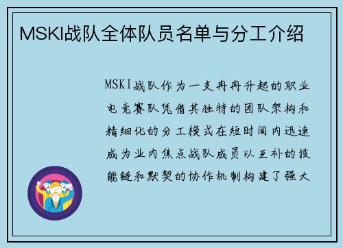 MSKI战队全体队员名单与分工介绍